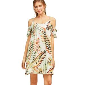 Women's Mini Dress Medium White Green & Rust Cold Shoulder Dress - M